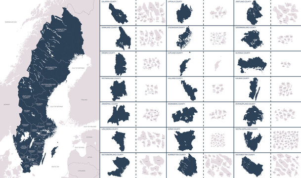 Vector color detailed map of Sweden with the administrative divisions of the country, each Regions is presented separately and divided into Municipalities