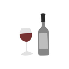 Vector color handdrawn illustration with bottle and glass of red wine. Isolated on white background.