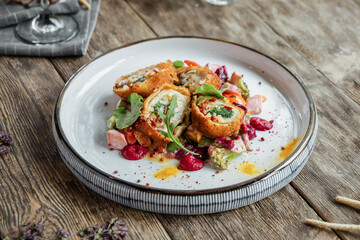 Closeup on gourmet fried rolls dish on wooden background