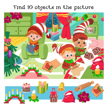 Find 10 hidden objects. Educational game for children. Cute gnomes prepare christmas cookies, cake, knit sock, character in cartoon style. Vector color illustration. 