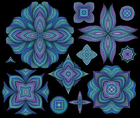 Bright bohemian ethnic cliche with dots and oriental elements. Vector set of various ornaments, deco template. Fashion trendy print for needlework, beading, gift, design, for women's clothing.