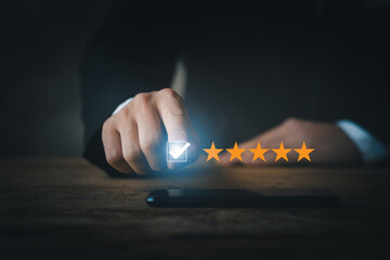 Product or service review ideas from customers, portraits pointing to a star rating button with the...