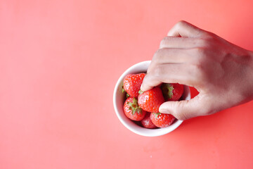 hand pick Ripe Red Strawberries on red background 