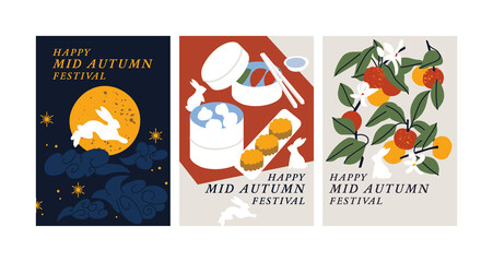 Vector set of backgrounds or posters for Mid Autumn Festival or Mooncake Festival with illustration rabbits and paper lanterns and decoration.