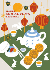 Vector background for Mid Autumn Festival or Mooncake Festival with illustration rabbits and paper lanterns and decoration.