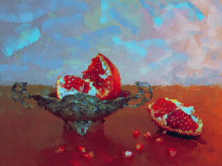 Still life with pomegranate in a silver vase.  Digital art in the style of modern impressionism.