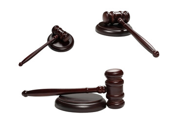 Wooden judge gavel and soundboard isolated on a white background.