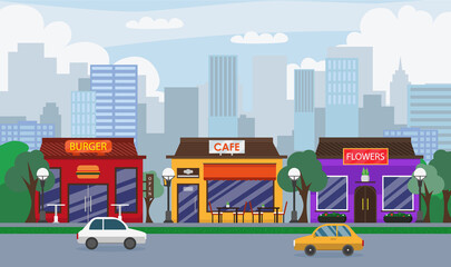 Buildings of commercial establishments and shops in a flat style. - 517956026