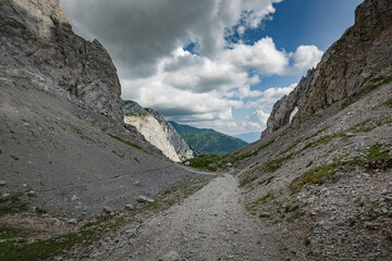 Between Italy and Austria: mountain hiking Trail Road near Volaia Lake Raunchkofer Mountain (Lago di Volaia Monte).