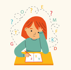 Dysgraphia, dyslexia and  learning difficulties concept. Vector illustration. Young girl  character has problems with reading, writing.