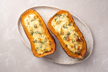 Baked Butternut Squash Pumpkin Stuffed with Spinach and Ricotta Cheese