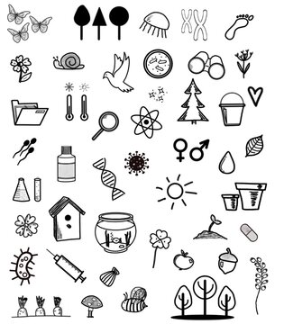 45x Biologie / Schule / Wissenschaft / Naturwissenschaft / Forschung - Set - Icons, Zeichen, Symbole, Doodles, Cliparts, Sketchnotes