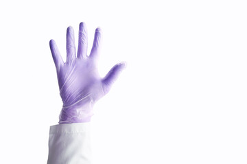 Obraz premium Medical glove. Surgery doctor hand. Medicine healthcare operation equipment. Specialist clean hospital arm. Sanitation protection gesture. Sterile hygiene concept