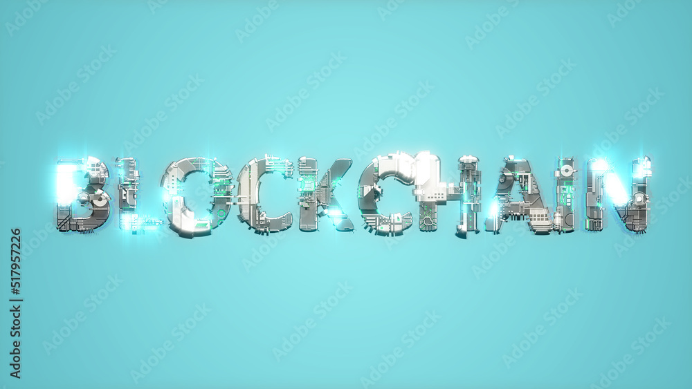 Poster modern glowing cybernetical text blockchain on blue backdrop - abstract 3d rendering