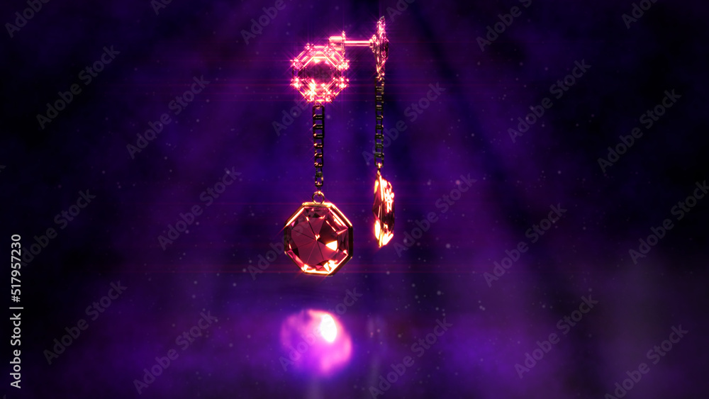 Poster dark jewelry bg with golden eardrops set and red ruby gems, fictitious design - abstract 3d renderin