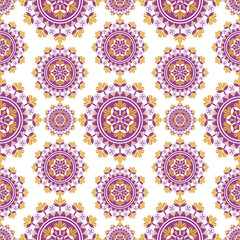 Vector colorful yellow-purple ethnic circle flower random shape seamless pattern background. Use for fabric, textile, interior decoration elements, upholstery, wrapping.