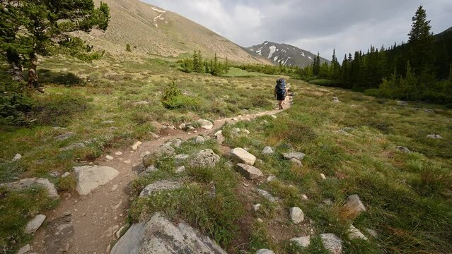 Backpacker hiking on a trail in the Collegiate Peaks Wilderness