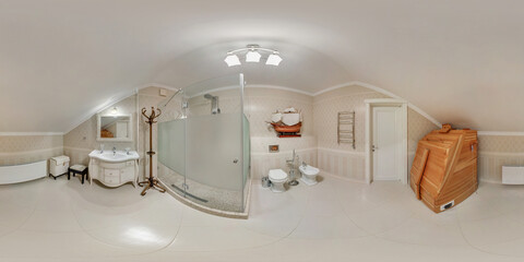 white seamless 360 hdr panorama in interior of expensive bathroom in modern flat apartments with...