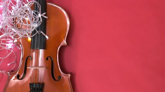 Brown classical violin in a case. Classical music. Musical instrument close up. Hobby. Online course. Stringed instrument