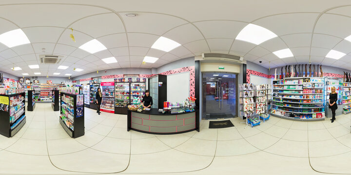 MINSk, BELARUS -  MAY 2022: full spherical seamless panorama 360 degrees in interior of shop with shelves cosmetics store department store with seller womans in equirectangular projection, VR content