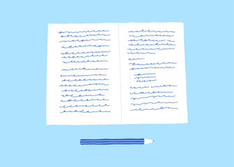 An open notebook with abstract notes. Simple flat hand drawn studying illustration - 517957684