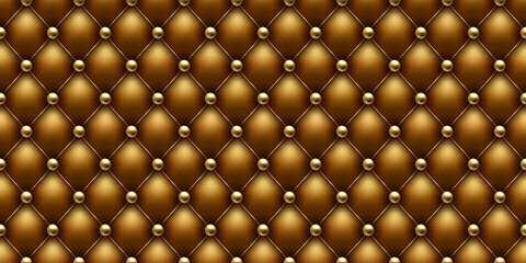 Gold colored buttoned luxury leather pattern with golden bead diagonal wire waves. Vector seamless premium background diamond shape elements, gold pearl balls. Luxury pattern page fill, wrapping paper