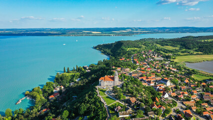 aerial view church on the mountain at Balaton