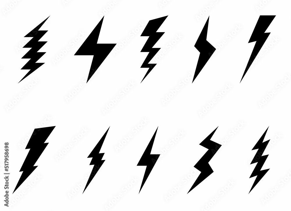 Poster lightning bolt icons collection set isolated on white background. flash symbol, thunderbolt. simple 