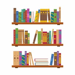 Interior bookshelves with multicolored books spines. Pile books on shelf with books of library or bookstore. Stack dictionary for education. Knowledge, studying and learning. Vector illustration