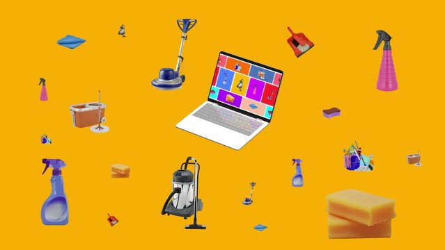 Multiproducts in laptop  4k 60 fps animation. Use for e-commerce, shopping and digital ads campaings. 
E-commerce products that revolve around the laptop. Spray, cloth, cleaning, vacuum cleaner