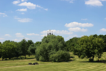 Domes with crosses peek out from behind trees growing in a clearing with mowed grass
