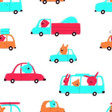 Vehicles seamless pattern with cute animals driving. Bus; truck; car and animals in the pattern for children's fabric. Flat vector illustration.