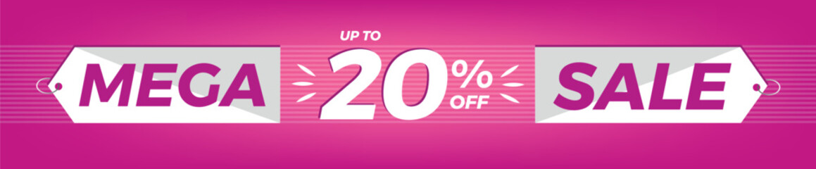20% off. Horizontal pink banner. Advertising for Mega Sale. Up to twenty percent discount for promotions and offers.