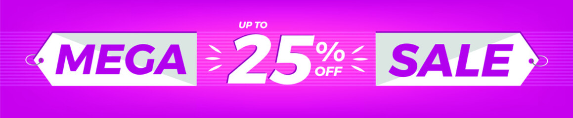 25% off. Horizontal pink banner. Advertising for Mega Sale. Up to twenty-five percent discount for promotions and offers.