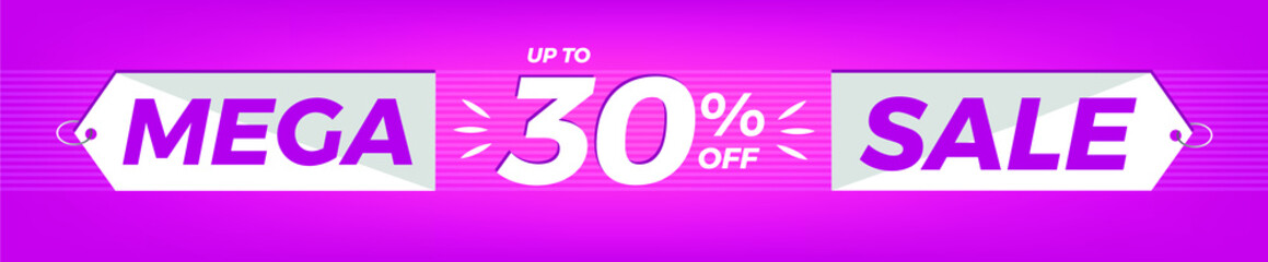 30% off. Horizontal pink banner. Advertising for Mega Sale. Up to thirty percent discount for promotions and offers.