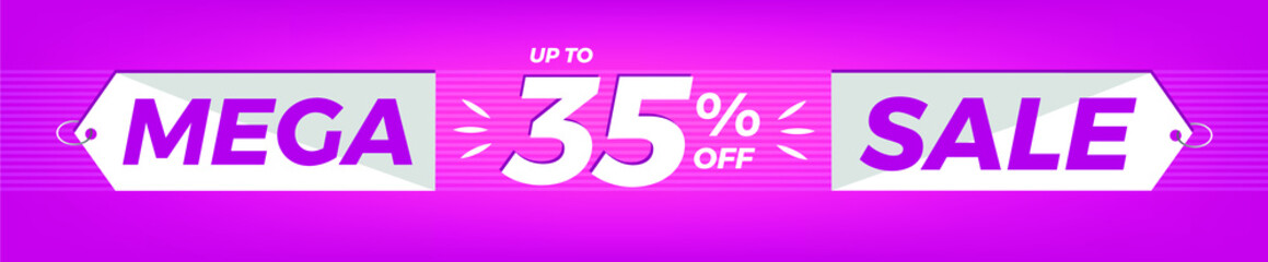 35% off. Horizontal pink banner. Advertising for Mega Sale. Up to thirty-five percent discount for promotions and offers.