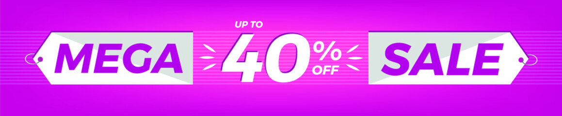40% off. Horizontal pink banner. Advertising for Mega Sale. Up to forty percent discount for promotions and offers.