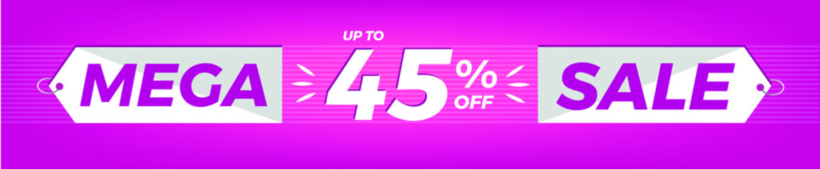 45% off. Horizontal pink banner. Advertising for Mega Sale. Up to forty-five percent discount for promotions and offers.