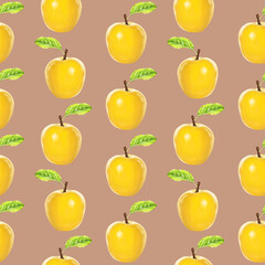 Illustration realism seamless pattern fruit apple yellow color on a light brown background. High quality illustration