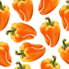 Illustration realism seamless pattern vegetable paprika orange color on a white isolated background. Sweet bell pepper. High quality illustration