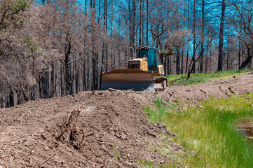 A bulldozer clears the area in the forest around the reservoir.