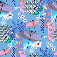 Chinese umbrellas. Seamless abstract pattern. Blue color. Fashion textiles, fabric, packaging.