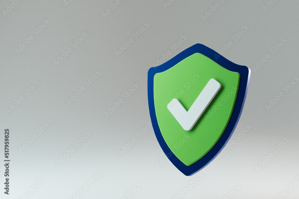 Poster antivirus icon. green shield with a white check mark with patterns of white icons on a gray backgrou