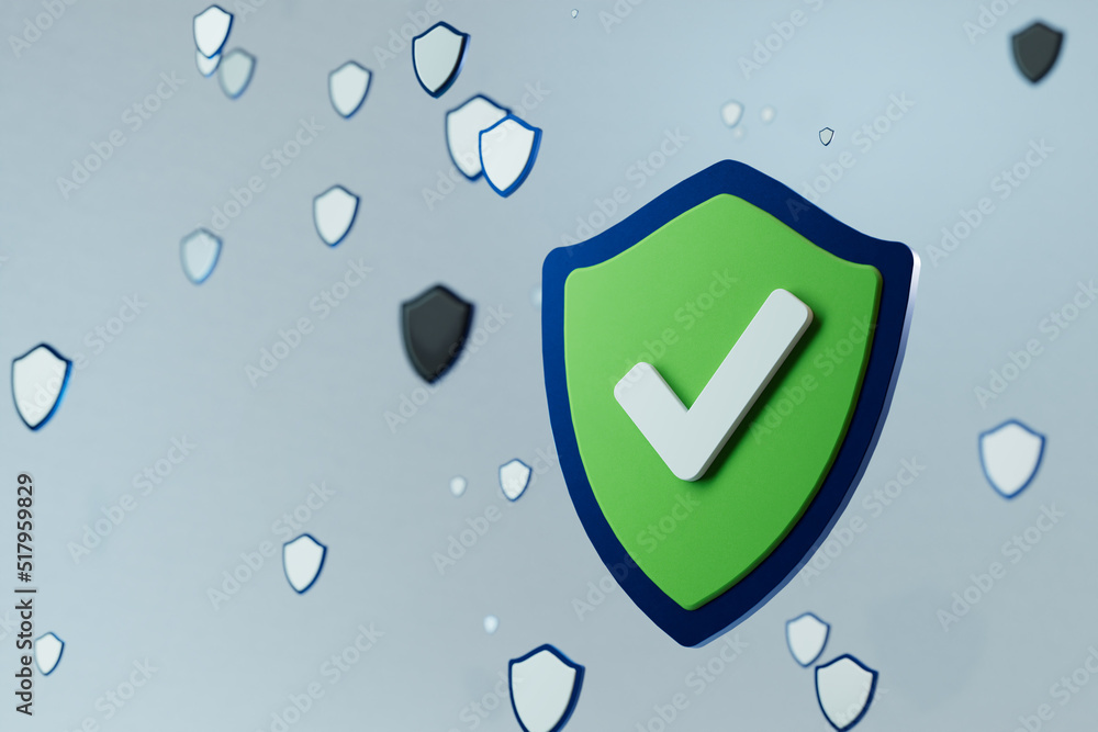 Poster antivirus icon. green shield with a white checkmark with white icon patterns with several black viru