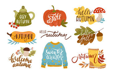 Autumn cozy sticker set with lettering. Pumpkin, sweater, harvest, yellow leaves, leaf fall, boots, acorn, mushroom on a white background