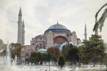 Fototapeta na wymiar Hagia Sofia in Istanbul, Turkey. Hagia Sofia, Sultanahmet, digital watercolor illustration on vintage paper texture.