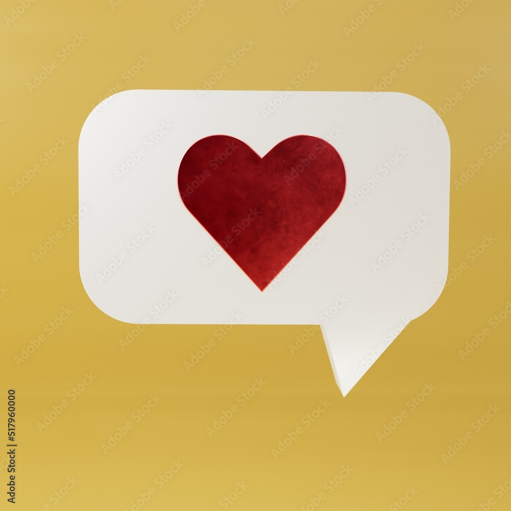 Poster white message icon with a red heart. message icon on yellow background. 3d illustration. 3d render