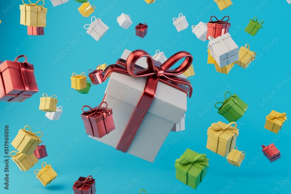 Aufkleber patterns of multi-colored boxes with gifts on a blue background and a large gift in a white package 