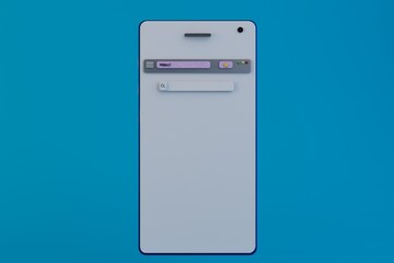 a smartphone icon on a blue background on which the main page of the browser is white. search string. searching for information on the Internet. 3d render. 3d illustration