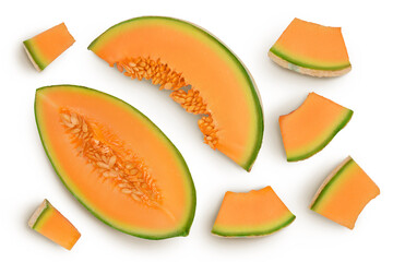 Cantaloupe melon isolated on white background with full depth of field. Top view. Flat lay - obrazy, fototapety, plakaty